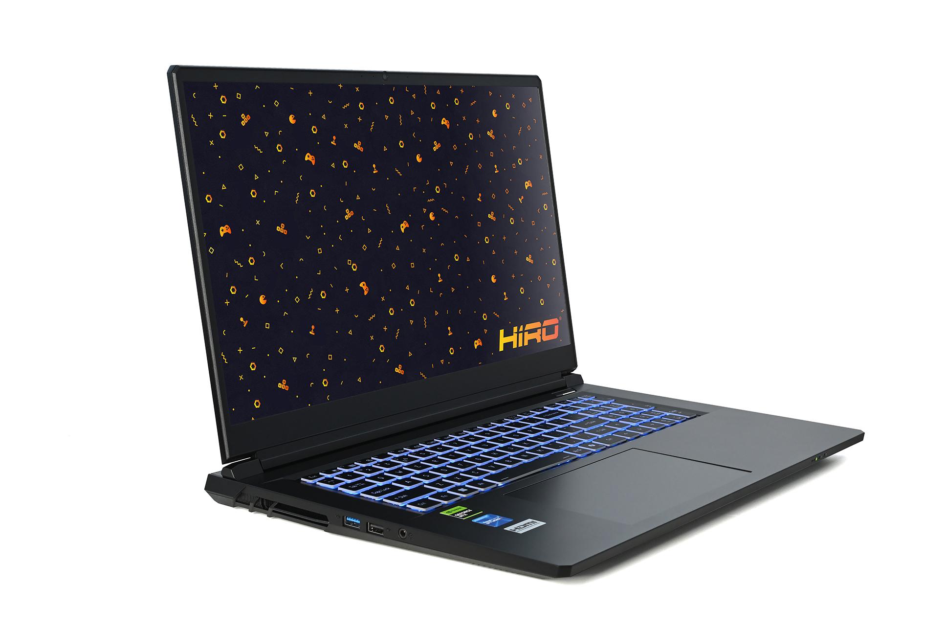 Laptop gamingowy HIRO z podświetlaną klawiaturą i gamingową tapetą na ekranie.