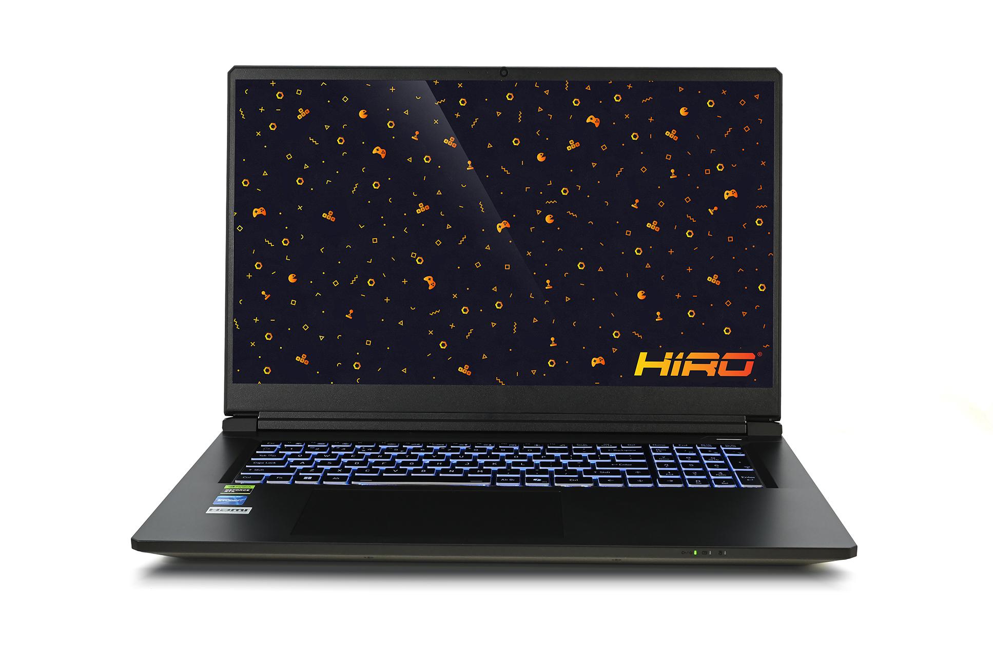 Laptop gamingowy HIRO z podświetlaną klawiaturą i tapetą w motywy gier.