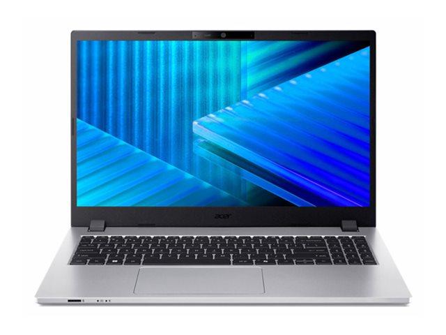 Srebrny laptop Acer z czarną klawiaturą i włączonym ekranem z niebieską tapetą.