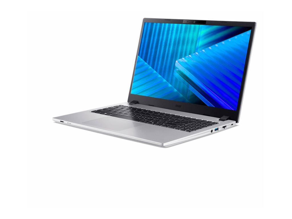 Srebrny laptop Acer z włączonym ekranem na białym tle.