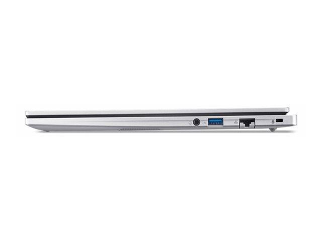 Boczny profil zamkniętego srebrnego laptopa z widocznymi portami: audio, USB, Ethernet i gniazdem blokady.