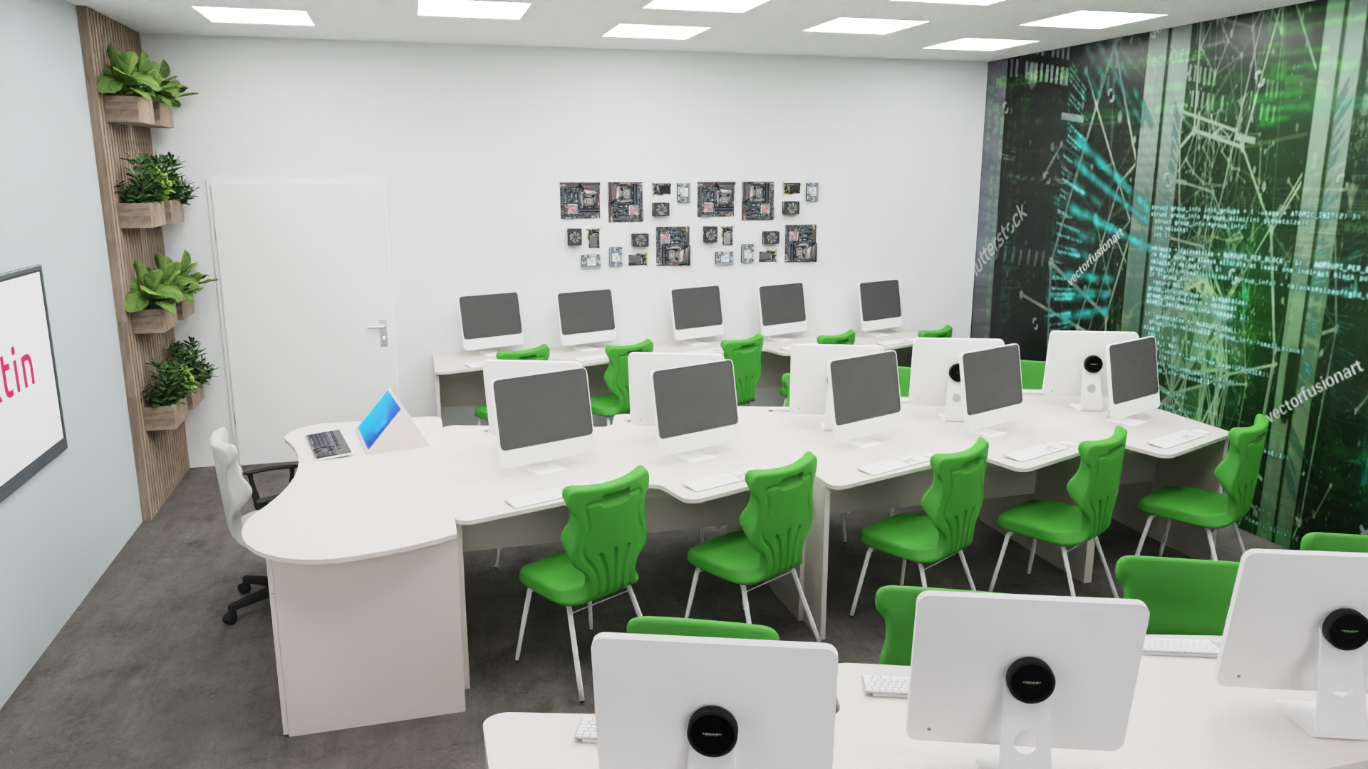Nowoczesna sala komputerowa z wieloma stanowiskami, białymi biurkami i zielonymi krzesłami.