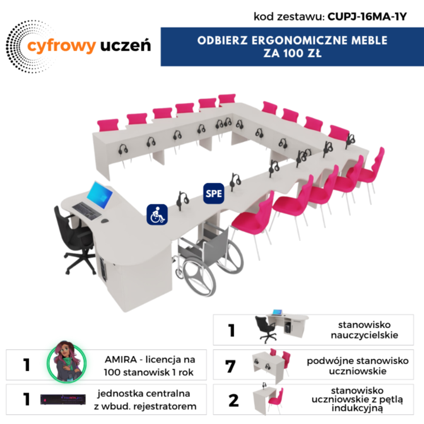 Pracownia językowa oraz komunikacji i wspomagania rozwoju 16 stanowisk + meble -
