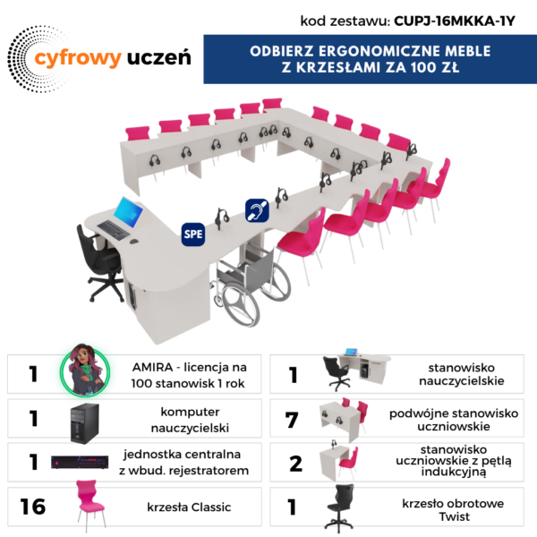 Pracownia językowa oraz komunikacji i wspomagania rozwoju 16 stanowisk+ meble + komputer nauczycielski -