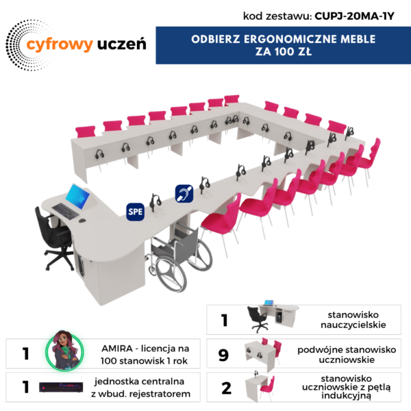 Pracownia językowa oraz komunikacji i wspomagania rozwoju 20 stanowisk + meble -