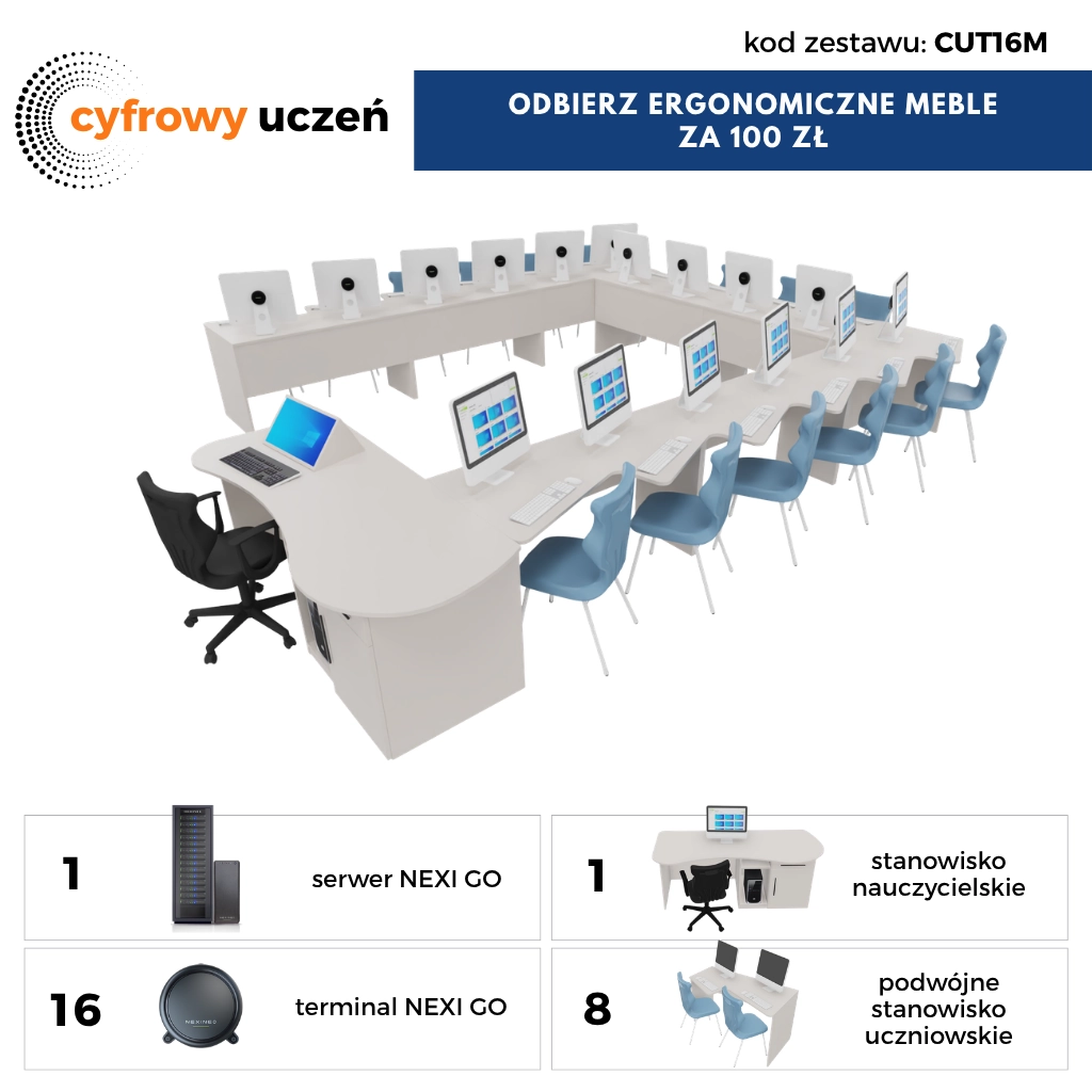 Pracownia Terminalowa AI Ultra Silence NEXINEO 16 stanowiska + komplet mebli ergonomicznych z krzesłami za 100 zł Pracownia Terminalowa AI Ultra Silence NEXINEO 16 stanowiska + komplet mebli ergonomicznych z krzesłami za 100 zł