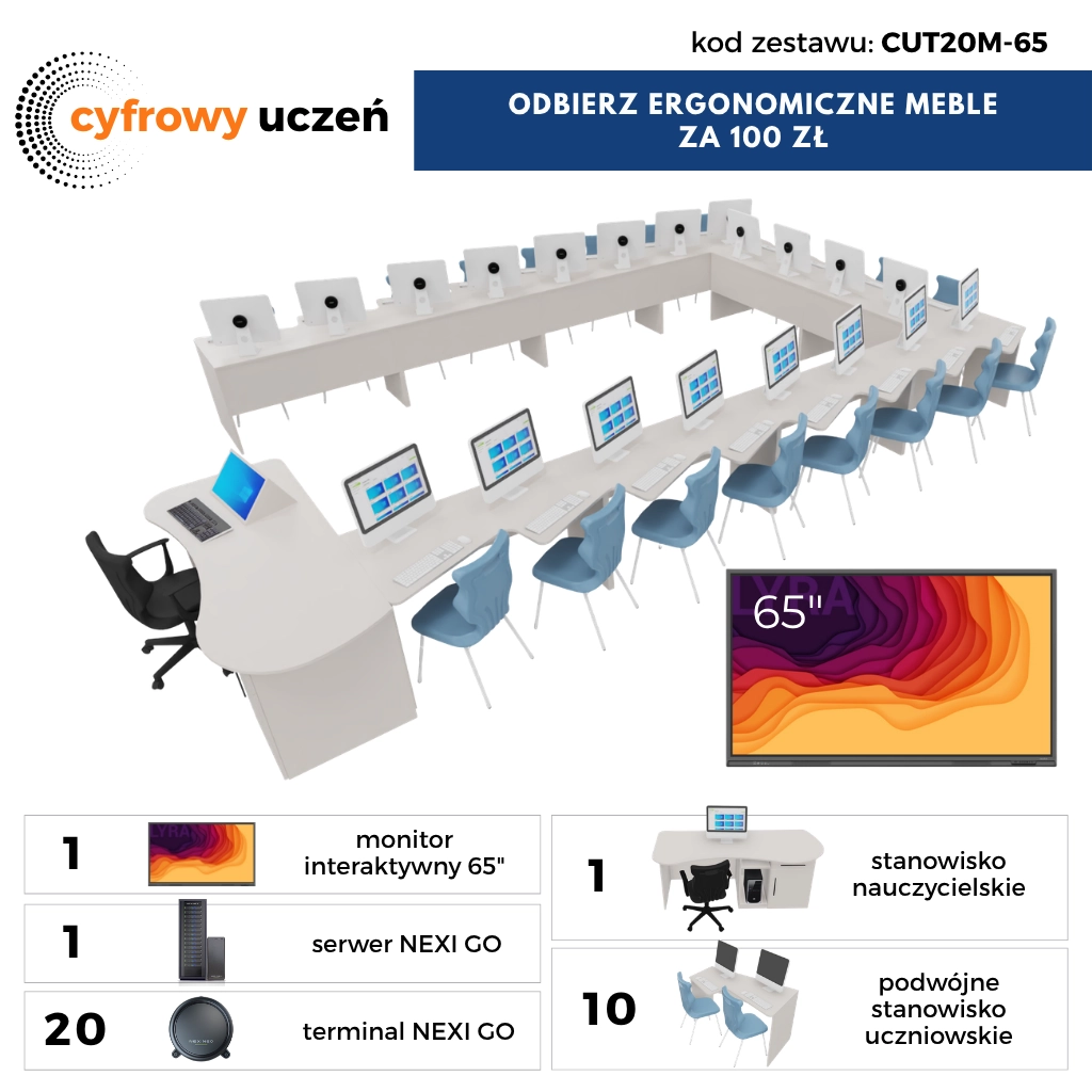 Pracownia Terminalowa AI Ultra Silence NEXINEO 20 stanowisk + monitor interaktywny 65" + komplet mebli ergonomicznych z krzesłami za 100 zł