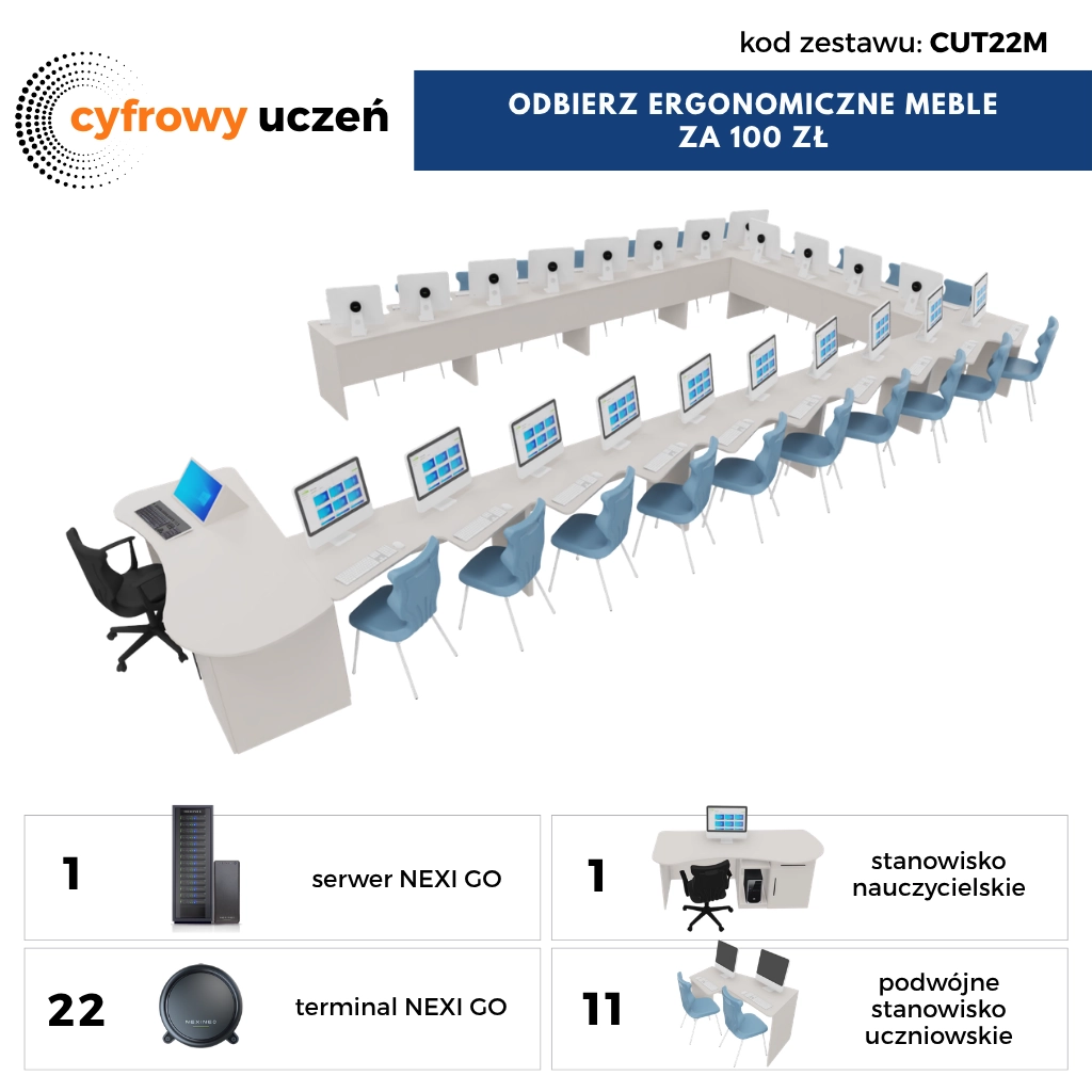 Pracownia Terminalowa AI Ultra Silence NEXINEO 22 stanowiska + komplet mebli ergonomicznych z krzesłami za 100 zł Pracownia Terminalowa AI Ultra Silence NEXINEO 22 stanowiska + komplet mebli ergonomicznych z krzesłami za 100 zł