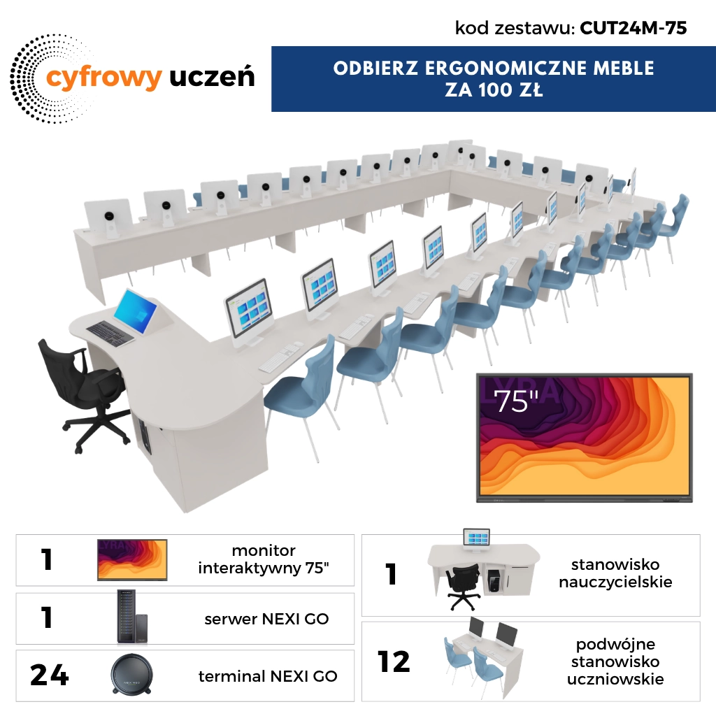 Pracownia Terminalowa AI Ultra Silence PERFORMANCE NEXINEO 24 stanowiska + monitor interaktywny 75" + komplet mebli ergonomicznych z krzesłami za 100 zł