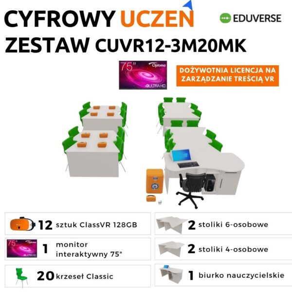 Klasopracownia wirtualnej rzeczywistości 20 stanowisk z meblami, 12 x Xplorer 128GB + Eduverse 3Y
