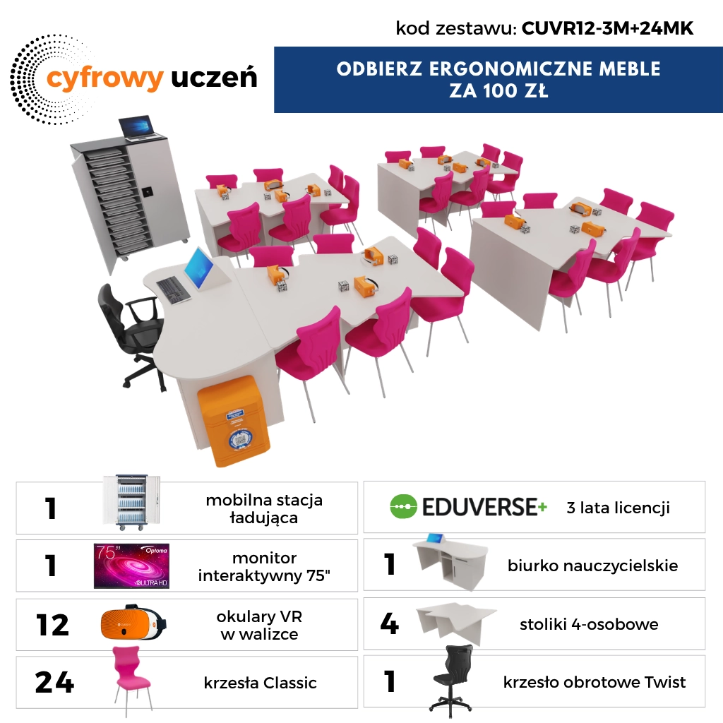 Klasopracownia wirtualnej rzeczywistości 24 stanowisk z meblami, 12 x Xplorer 128GB + Eduverse 3Y