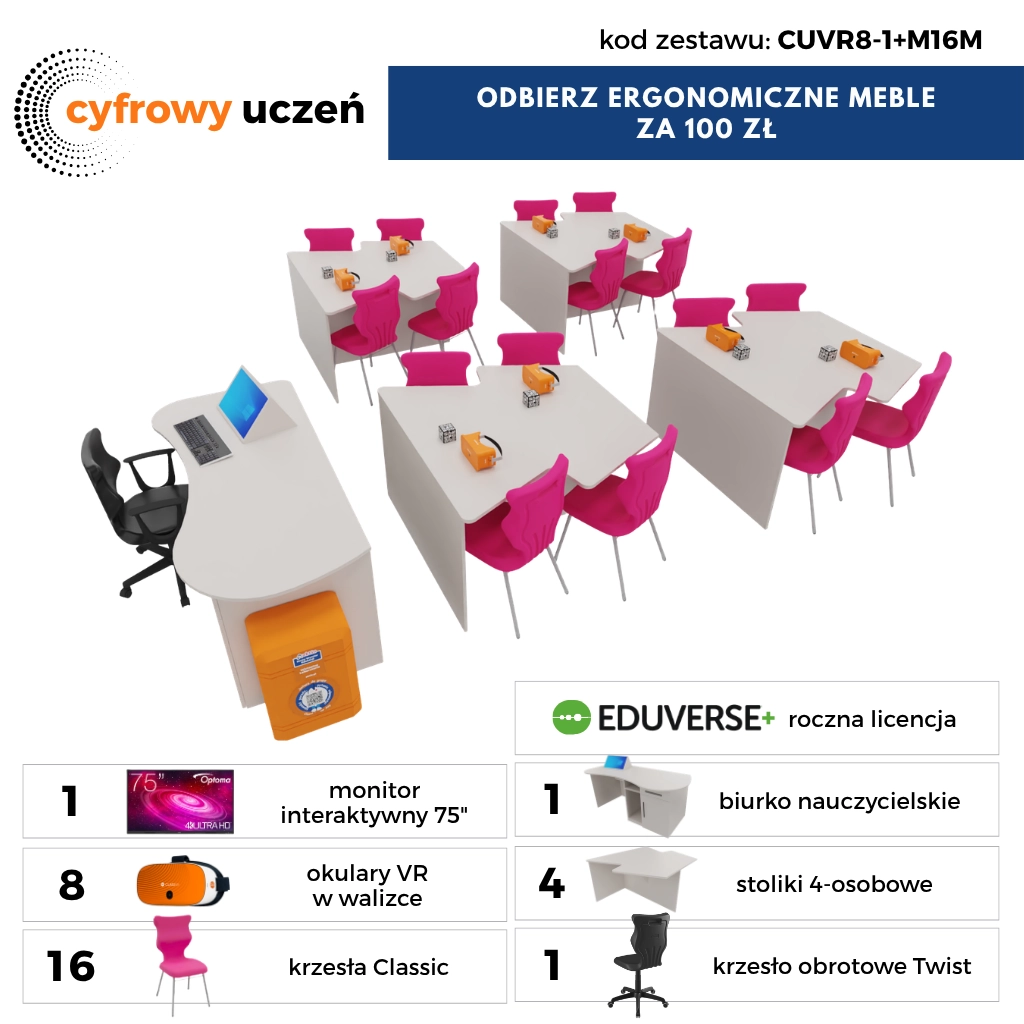 Klasopracownia wirtualnej rzeczywistości 16 stanowisk z meblami, 8 x Xplorer 128GB + Eduverse+1Y