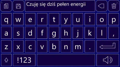 Ekranowa klawiatura z wpisanym tekstem "Czuję się dziś pełen energii" oraz ikonami edycji, zapisu i dźwięku.