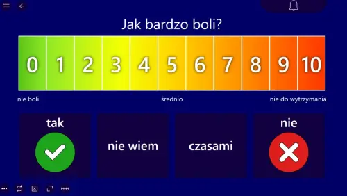 Skala bólu od 0 do 10 oraz przyciski wyboru odpowiedzi: tak, nie wiem, czasami, nie.