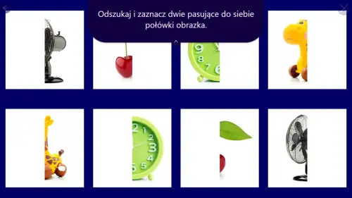 Zadanie edukacyjne: dopasuj połówki obrazków (wentylator, wiśnia, zegar, żyrafa).